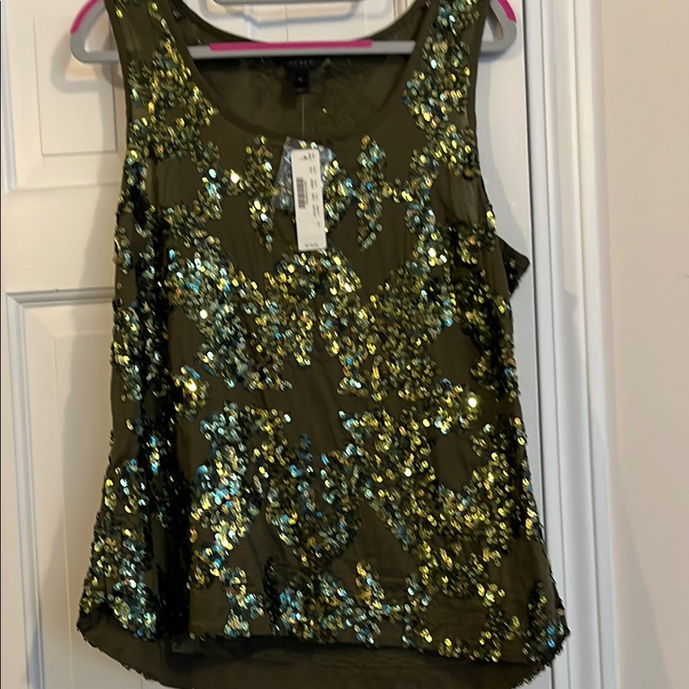 JCrew Sequin Embellished Cotton Olive Green Tank Top Sz 10 nwt
